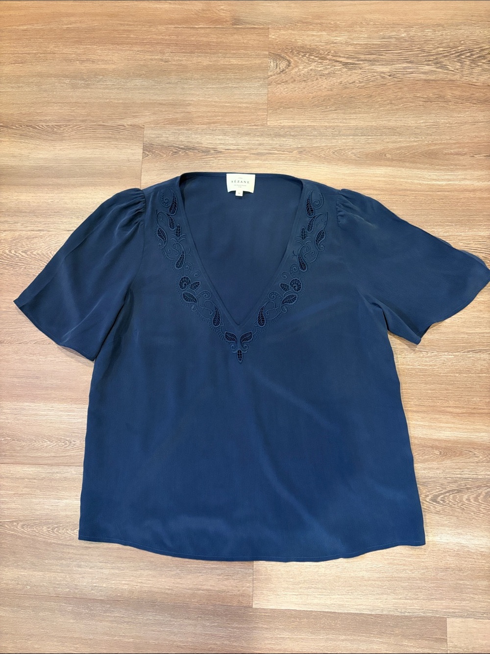 Sézane 100% Silk Navy Minara Blouse